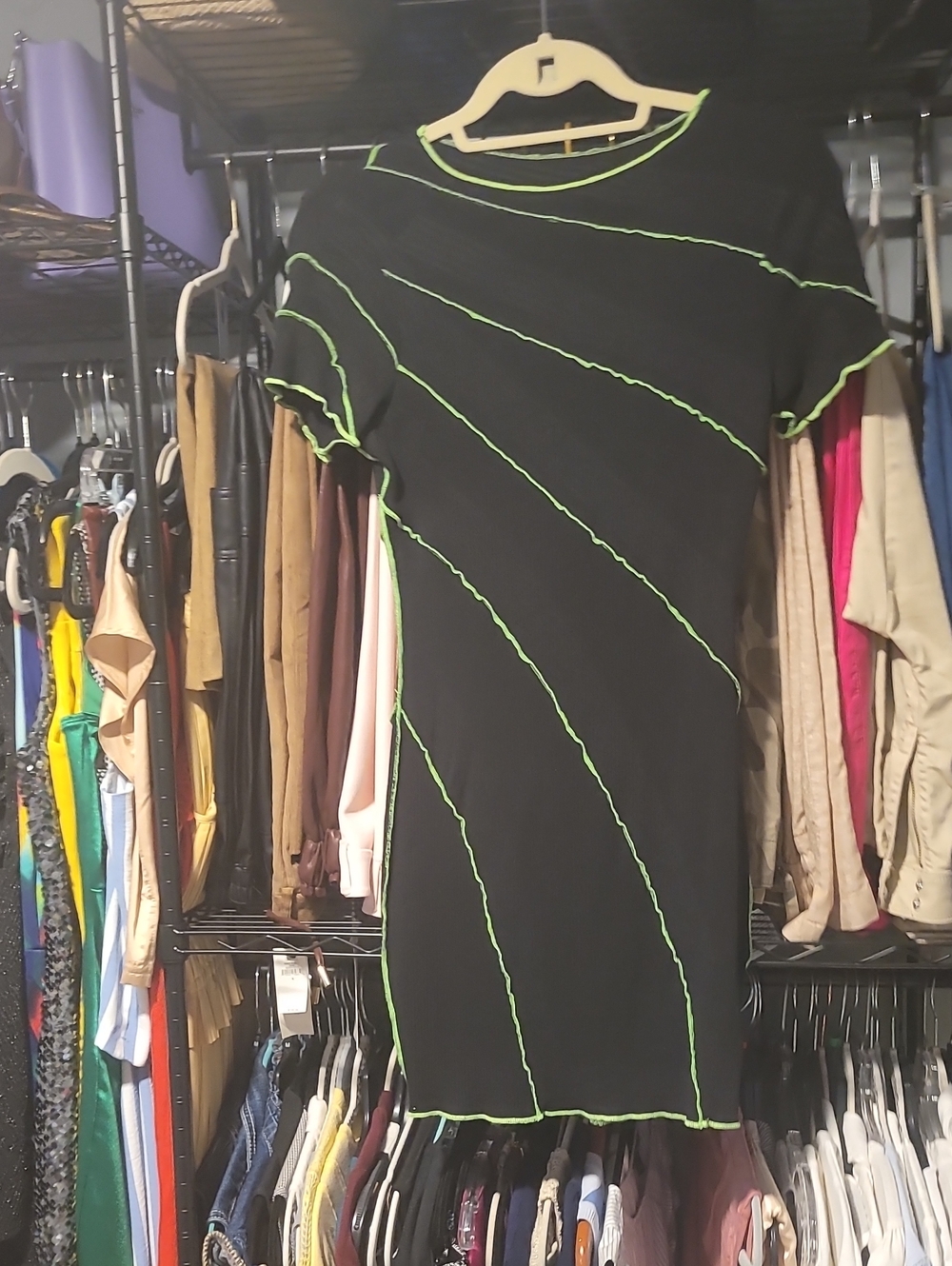5 For $25 Black Dress with Neon Green Piping - Women